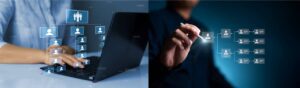 Close-up of a person holding a cigarette near a laptop.