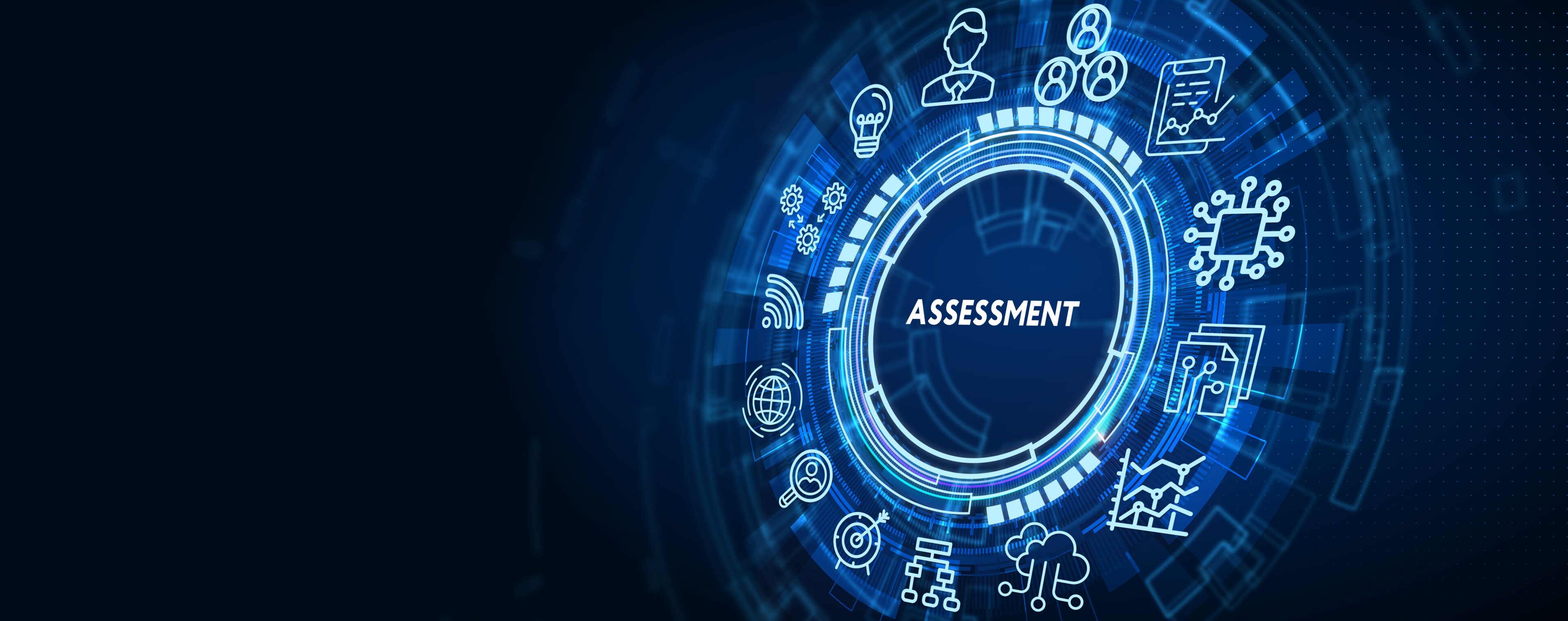 Digital assessment concept with futuristic technology icons.